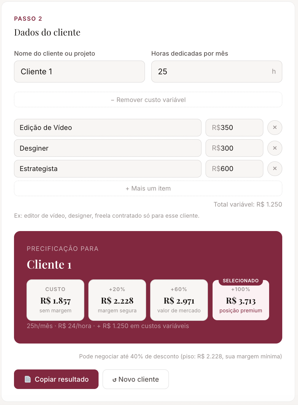 Precifica SM - Passo 2: precificação por cliente